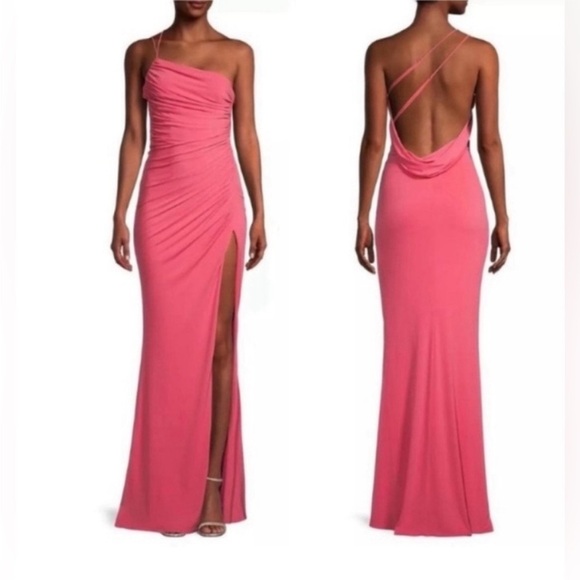 NEW Katie May Coral Winnipeg One Shoulder Ruched Knit Gown Size Large Side Slit - Picture 1 of 12